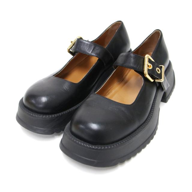 MARNI マルニ サイズ:38(25.0cm) | メリージェーン フラットシューズ | 厚底 ストラップ チャンキーヒール ロゴ 牛革 | ブラック ゴールド 黒 | イタリア製 ブランド シューズ 靴【レディース】【中古】【K4669】