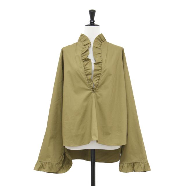LOEFF ロエフ シャツ カーキ サイズ:0(S) | 25秋冬 フリル スキッパー シャツ / ブラウス | 長袖 Vネック フレアスリーブ コットン | 日本製 | トップス【レディース】【中古】【K4670】