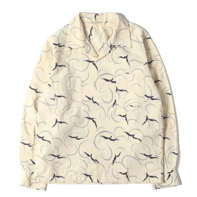 At LAST&amp;CO アットラスト シャツ ベージュ サイズ:14 BUTCHER PRODUCTS | バード 総柄 シアサッカー オープンカラーシャツ | トップス カジュアルシャツ 長袖【メンズ】【中古】【K4716】