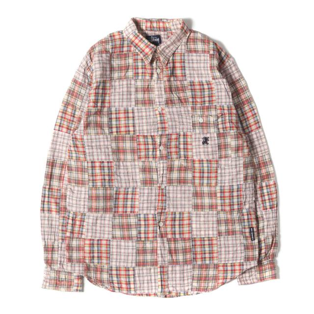 STUSSY ステューシー シャツ レッド系 サイズ:M | 00s パッチワーク チェックシャツ | 00年代 アーカイブ | トップス カジュアルシャツ 長袖【メンズ】【中古】【K4716】