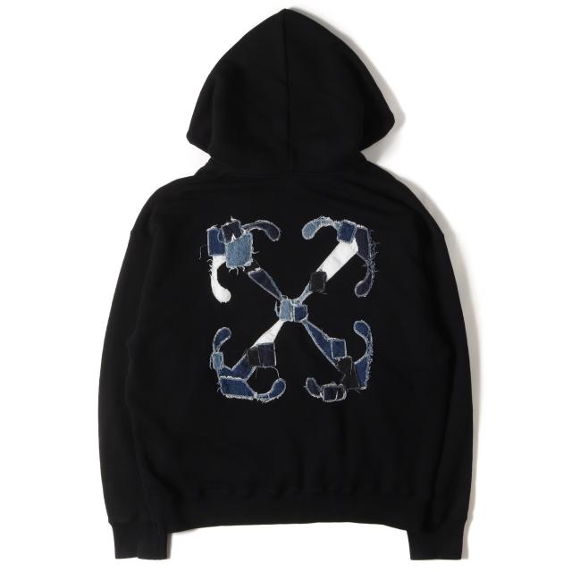 OFF-WHITE オフホワイト パーカー ブラック 黒 サイズ:XL | デニムパッチワークアロー オーバーサイズ スウェットパーカー (Boro Arrow Oversize Skate Hoodie) | トップス フーディー【メンズ】【中古】【K4731】