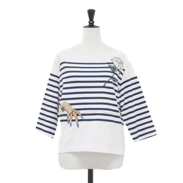 UNDERCOVER アンダーカバー Tシャツ ホワイト ネイビー 白紺 | 25春夏 伊勢丹新宿店限定 リメイク ボーダー Tシャツ / カットソー バスクシャツ 七分袖 ボートネックビーズ刺繍 コットン | トップス【レディース】【中古】【K4731】