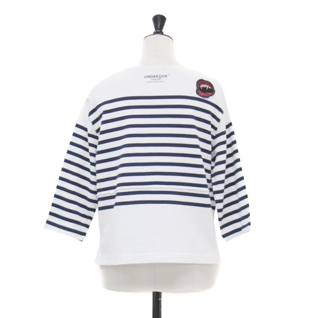 UNDERCOVER アンダーカバー Tシャツ ホワイト ネイビー 白紺 | 25春夏 伊勢丹新宿店限定 リメイク ボーダー Tシャツ / カットソー バスクシャツ 七分袖 ボートネックビーズ刺繍 コットン | トップス【レディース】【中古】【K4731】