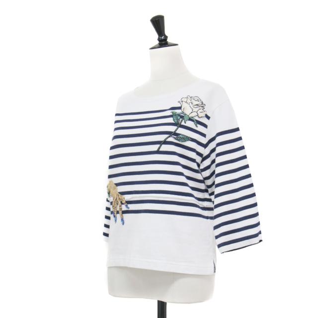 UNDERCOVER アンダーカバー Tシャツ ホワイト ネイビー 白紺 | 25春夏 伊勢丹新宿店限定 リメイク ボーダー Tシャツ / カットソー バスクシャツ 七分袖 ボートネックビーズ刺繍 コットン | トップス【レディース】【中古】【K4731】