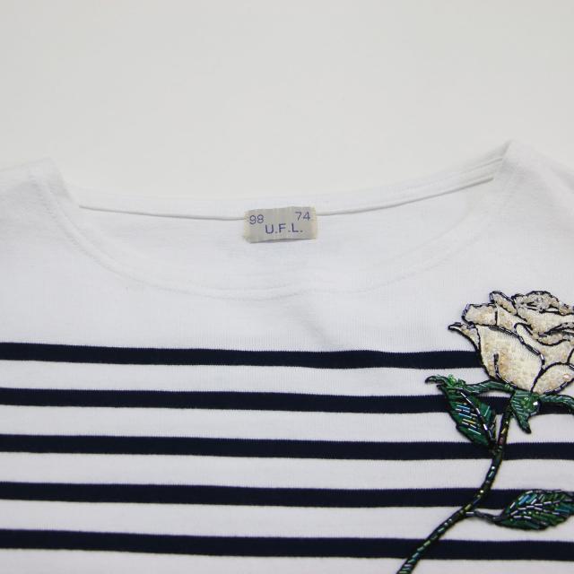 UNDERCOVER アンダーカバー Tシャツ ホワイト ネイビー 白紺 | 25春夏 伊勢丹新宿店限定 リメイク ボーダー Tシャツ / カットソー バスクシャツ 七分袖 ボートネックビーズ刺繍 コットン | トップス【レディース】【中古】【K4731】