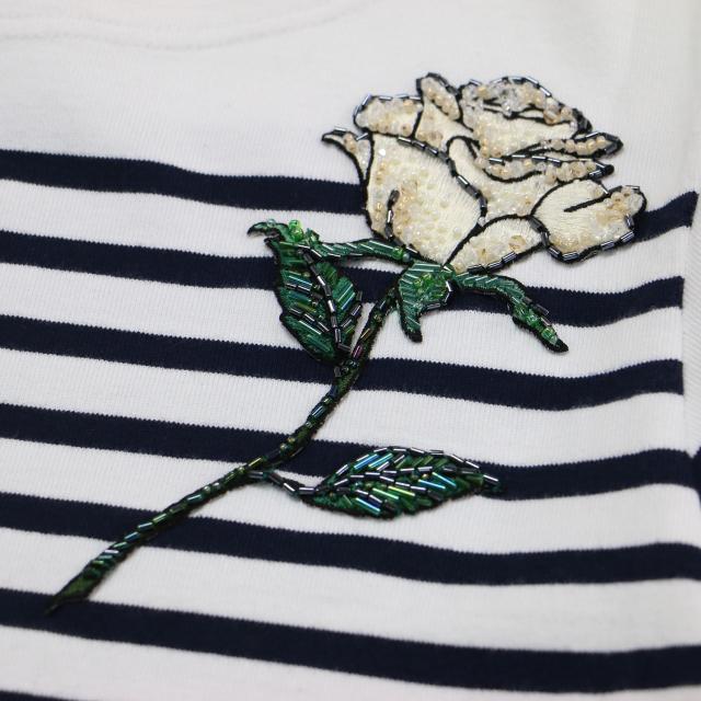 UNDERCOVER アンダーカバー Tシャツ ホワイト ネイビー 白紺 | 25春夏 伊勢丹新宿店限定 リメイク ボーダー Tシャツ / カットソー バスクシャツ 七分袖 ボートネックビーズ刺繍 コットン | トップス【レディース】【中古】【K4731】