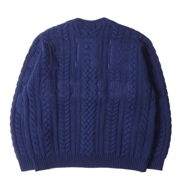 Supreme シュプリーム ニット ネイビー 紺 サイズ:L | 23AW ビッグロゴ ケーブル編み ウールニット セーター (Appliqu Cable Knit Sweater) | トップス プルオーバー【メンズ】【中古】【K4745】