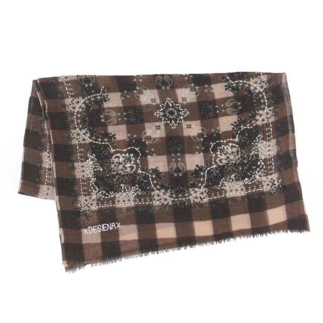 DE SIENA デ・シエナ ストール | 25秋冬 ギンガムチェック ウールストール | GINGHAM WOOL STOLE | スカーフ 大判 バンダナ柄 アラベスク模様 フリンジ ロゴ ブラウン | ブランド ファッション アイテム【レディース】【中古】【K4745】