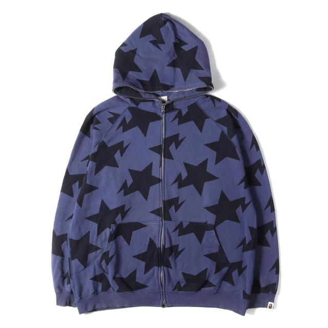A BATHING APE ア ベイシング エイプ パーカー ネイビー 紺 サイズ:XL | 00s STA総柄 フルジップ スウェットパーカー | トップス フーディー | 00年代 アーカイブ【メンズ】【中古】【K4823】