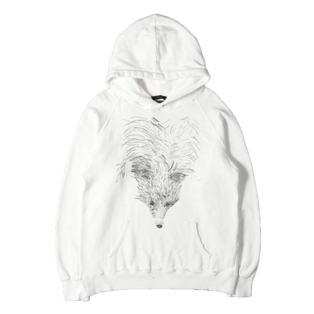 MAISON KITSUNE メゾン キツネ パーカー ホワイト 白 サイズ:M | RICO クラッシュ加工 キツネ グラフィック スウェット パーカー | トップス フーディー | 日本製【メンズ】【中古】【K4824】