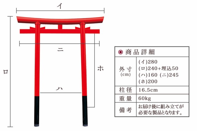 稲荷 鳥居 朱塗り 塩ビ製 地上高さ 2.4ｍ 笠木幅 2.8ｍ