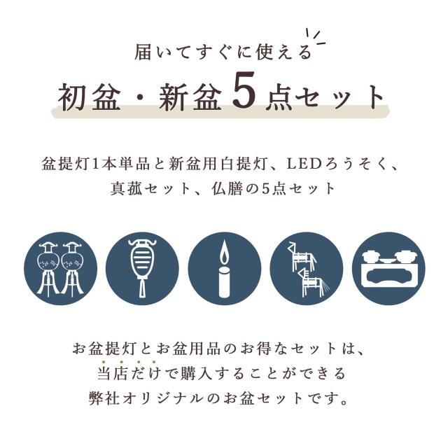 初盆セット 新盆セット 盆提灯 5点 セット 岐阜の誉れ シリーズ 紫苑 白提灯 LEDろうそく 1本 真菰セット 仏膳 木製和 行灯 提灯 仏壇 仏花 贈り物 神棚 神具 仏具 やまこう 山幸_1