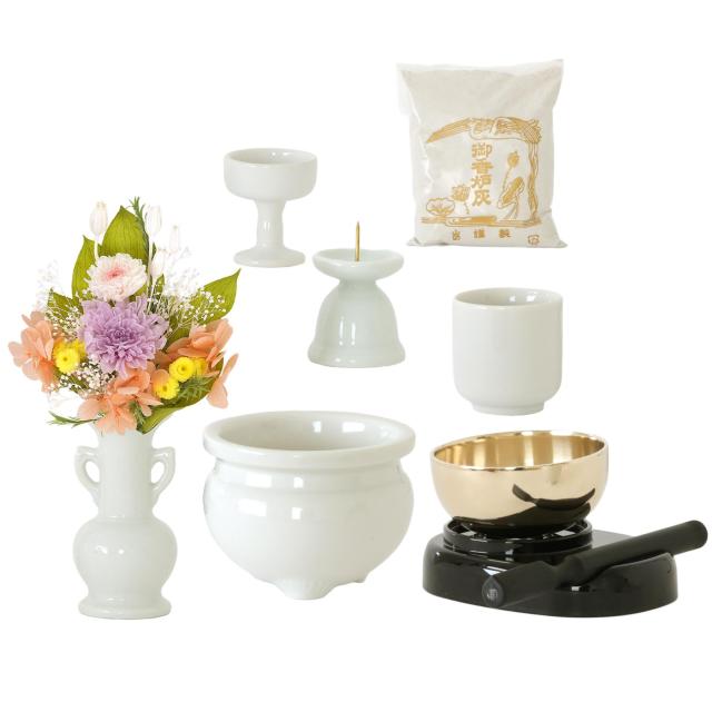 仏具 セット ミニ 陶器5点(白 無地 ホワイト) ＋ 香炉灰 ＋ おりん 3点 ＋ 選べる2色 造花 仏花 付き 仏具セット おしゃれ モダン 国産 日本製 仏壇セット モダン仏具 モダン仏壇 お盆 お彼岸 お墓参り お供え 供養 法事 法要