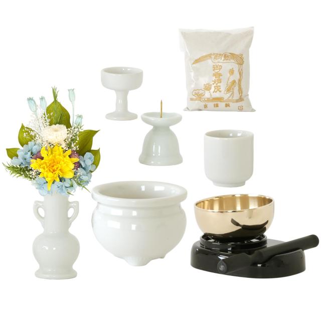 仏具 セット ミニ 陶器5点(白 無地 ホワイト) ＋ 香炉灰 ＋ おりん 3点 ＋ 選べる2色 造花 仏花 付き 仏具セット おしゃれ モダン 国産 日本製 仏壇セット モダン仏具 モダン仏壇 お盆 お彼岸 お墓参り お供え 供養 法事 法要