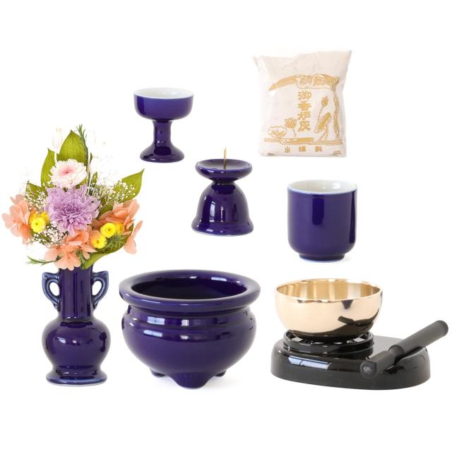 仏具 セット ミニ  陶器5点(瑠璃 ルリ 無地) ＋ 香炉灰 ＋ おりん 3点 ＋ 選べる2色 プリザーブド仏花 付き 仏具セット おしゃれ モダン 国産 日本製 仏壇セット モダン仏具 モダン仏壇 お盆 お彼岸 お墓参り お供え 供養 法事 法要_9
