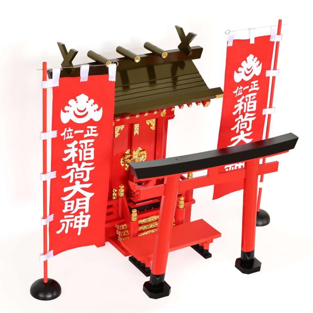 深紅の稲荷宮 特上塗り 一社 二対のお狐様 大鳥居 朱色灯ろう 神棚セット 稲荷紋 神具セット 灯篭 燈篭_9