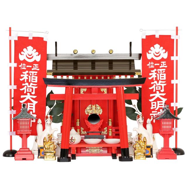 深紅の稲荷宮 特上塗り 一社 二対のお狐様 大鳥居 朱色灯ろう 神棚セット 稲荷紋 神具セット 灯篭 燈篭_1