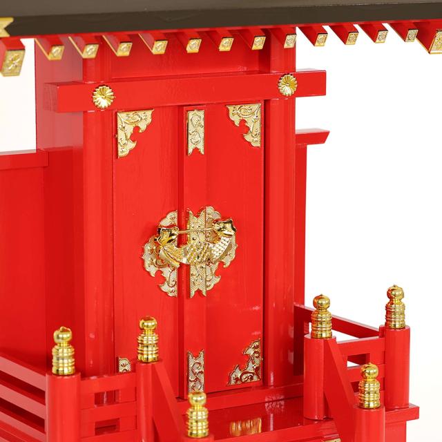 深紅の稲荷宮 特上塗り 一社 二対のお狐様 大鳥居 朱色灯ろう 神棚セット 稲荷紋 神具セット 灯篭 燈篭_6
