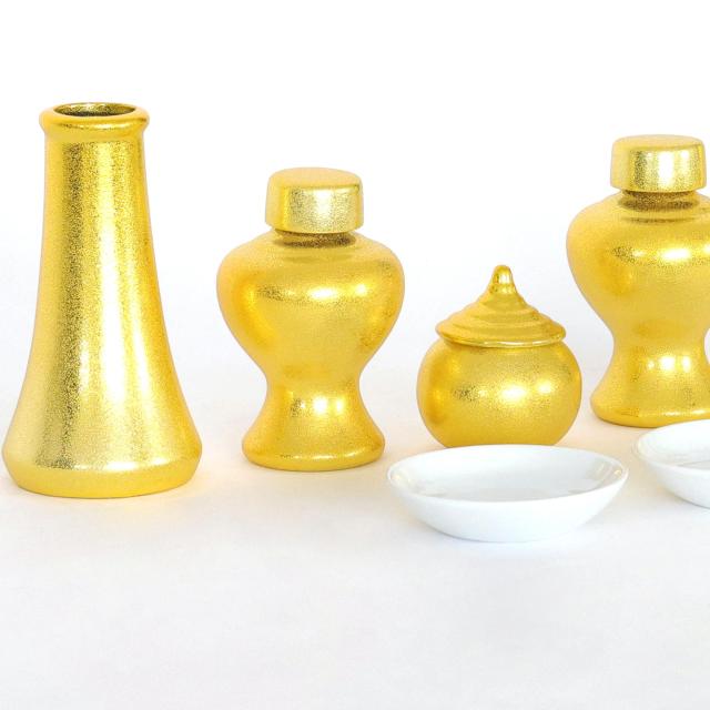 神具セット 黄金神具 金ちりめん 7点 セット 大 榊立て 瓶子 水玉 皿 モダン お供え お祀り