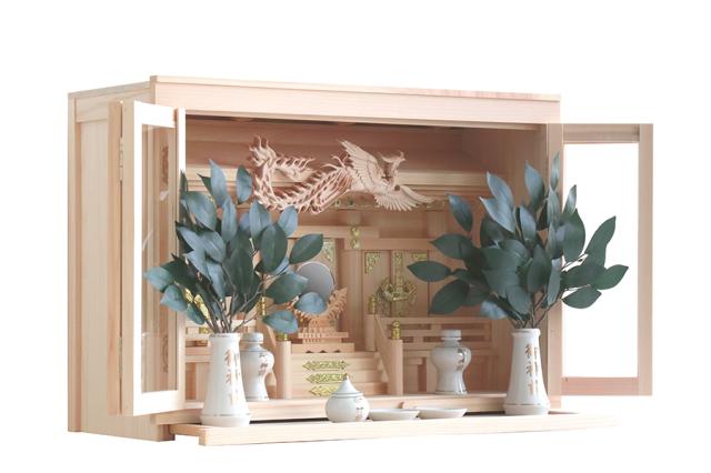 ■■ 鳳凰の聖域 ■■ 岐阜 東濃桧 ■ モダン神棚 彫刻 箱宮 ■ 金文字 御神前 神具付き 三社 神棚セット ■ 大型 20号の通販は 47,775円