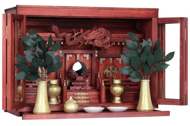 モダン神棚 セット 箱宮  三社 眠り龍の社 赤龍 金ちりめん 神具セット 神棚セット 限定 手塗り 国産 大型 20号 家具調モダン神棚の通販は 54,247円