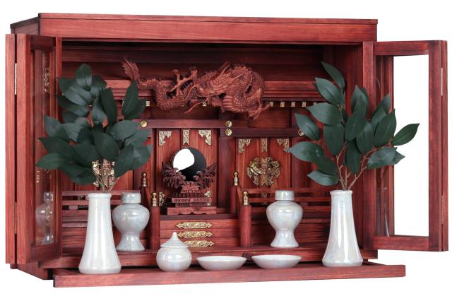 モダン神棚 セット 箱宮  三社 眠り龍の社 赤龍 パール 神具セット 神棚セット 限定 手塗り 国産 大型 20号 家具調モダン神棚の通販は 55,075円