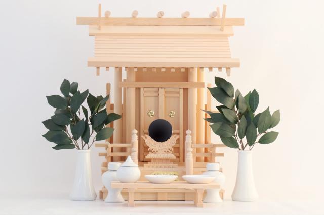 神棚セット 最高級 木曽桧 一社 大神明 巴紋の輝き 神具セット付 美・木曽ひのき_1