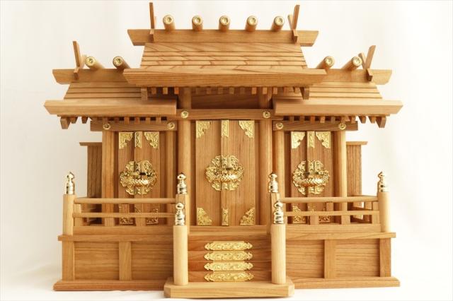 威風堂々・本けやき 神棚セット ■ けやき調神鏡・八足台付 ■ 中型 屋根違い三社 ■ 欅 神棚 (代引き決済不可商品)_3