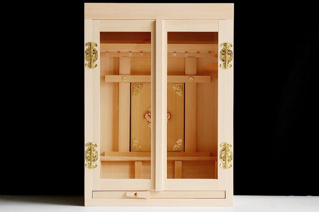 匠造り ■ 箱宮 ■ 木曽ひのき ■ 10号 ■ 三社 神棚 引出し付 ■ パールに輝く 神具セット付 神棚セット_2