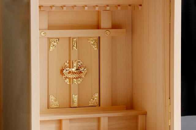 匠造り ■ 箱宮 ■ 木曽ひのき ■ 10号 ■ 三社 神棚 引出し付 ■ パールに輝く 神具セット付 神棚セット_3
