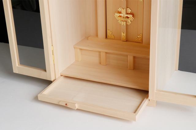 匠造り ■ 箱宮 ■ 木曽ひのき ■ 10号 ■ 三社 神棚 引出し付 ■ パールに輝く 神具セット付 神棚セット_4