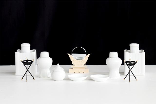 神具セット 10品目 ■ 角花仕立て ■ 神鏡・かがり火付 中・大型 神棚 祖霊舎 に最適 土器セット