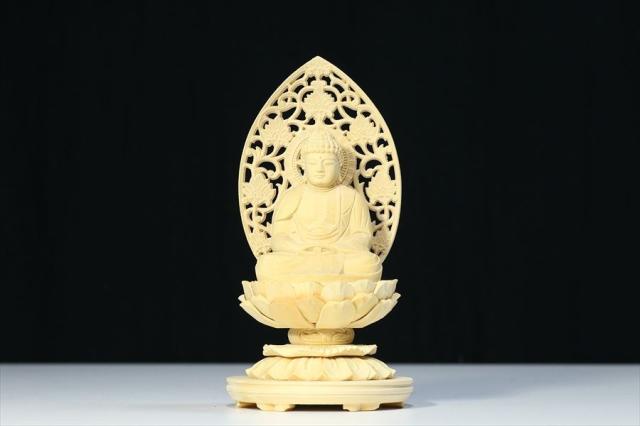 仏像 ■ 3寸 ■ 阿弥陀如来坐像 蓮華座 丸台 白木 天台宗 ご本尊 ■ 仏具 （高さ25cm×幅13cm×奥行き11.9cm）