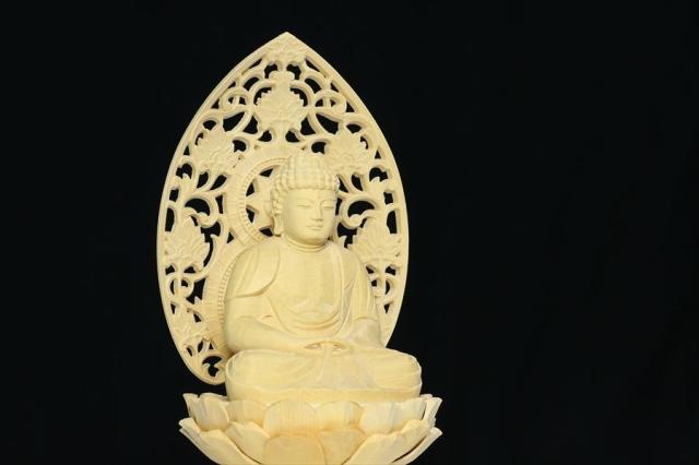 仏像 ■ 3寸 ■ 阿弥陀如来坐像 蓮華座 丸台 白木 天台宗 ご本尊 ■ 仏具 （高さ25cm×幅13cm×奥行き11.9cm）