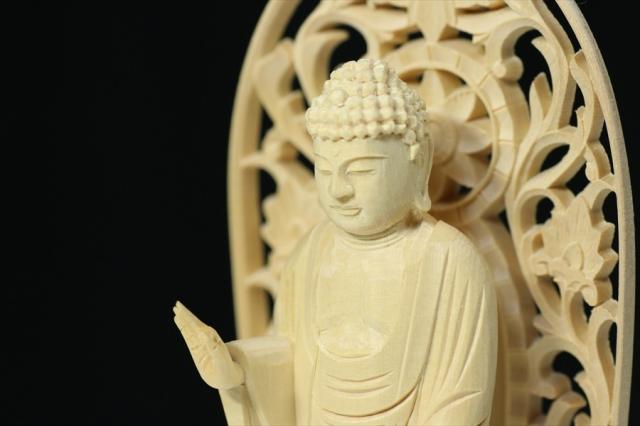 仏像 ■ 5寸 ■ 阿弥陀如来立像 蓮華座 丸台 白木 浄土宗 ご本尊 ■ 仏具 （高さ29.1cm×幅13.2cm×奥行き10.3cm）