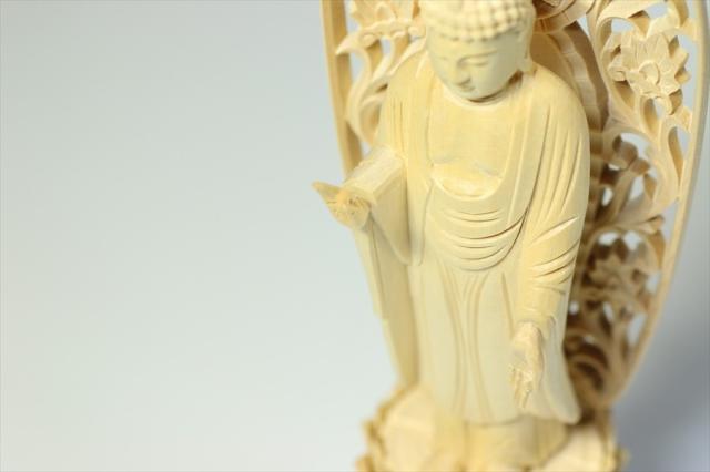 仏像 ■ 5寸 ■ 阿弥陀如来立像 蓮華座 丸台 白木 浄土宗 ご本尊 ■ 仏具 （高さ29.1cm×幅13.2cm×奥行き10.3cm）