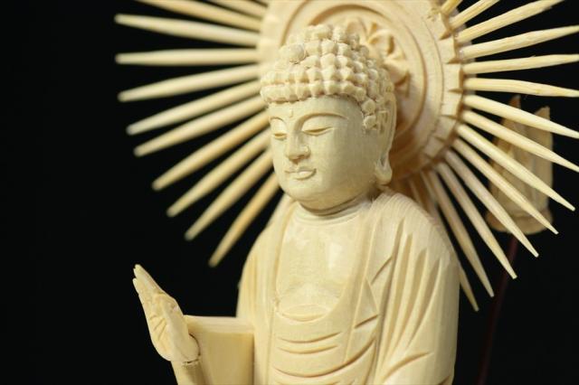 仏像 ■ 4寸 ■ 阿弥陀如来立像 蓮華座 丸台 白木 浄土真宗 大谷派 ご本尊 ■ 仏具 （高さ23.4cm×幅11.2cm×奥行き8.1cm）