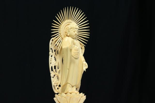 仏像 ■ 3.5寸 ■ 阿弥陀如来立像 蓮華座 丸台 白木 浄土真宗 高田派 ご本尊 ■ 仏具 （高さ20.8cm×幅10.1cm×奥行き7.4cm）