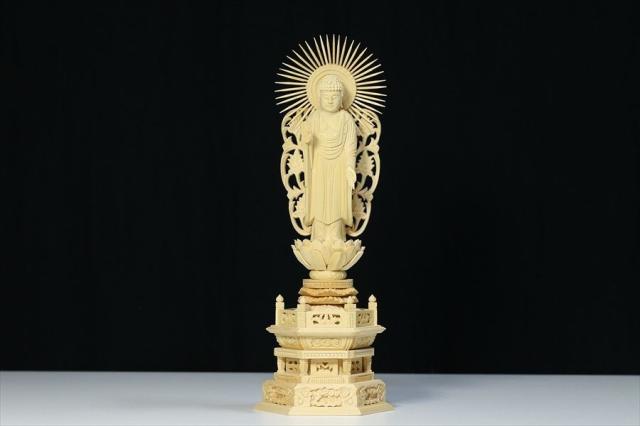 仏像 ■ 6寸 ■ 阿弥陀如来立像 六角台座 白木 浄土真宗 高田派 ご本尊 ■ 仏具（高さ40cm×幅15cm×奥行き11.5cm）