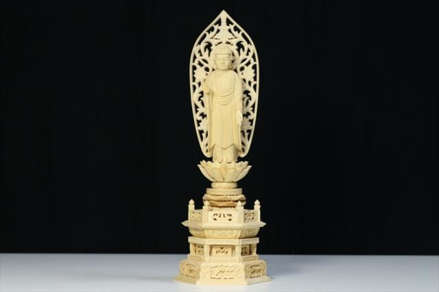 仏像 ■ 3.5寸 ■ 阿弥陀如来立像 六角台座 白木 浄土宗 ご本尊 ■ 仏具（高さ27.4cm×幅10.2cm×奥行き7.6cm）