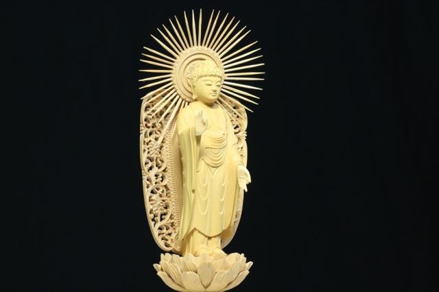 仏像 ■ 4寸 ■ 阿弥陀如来立像 六角台座 総柘植 浄土真宗 本願寺派 ご本尊 ■ 仏具 （高さ30.7cm×幅11.6cm×奥行き8.4cm）_2