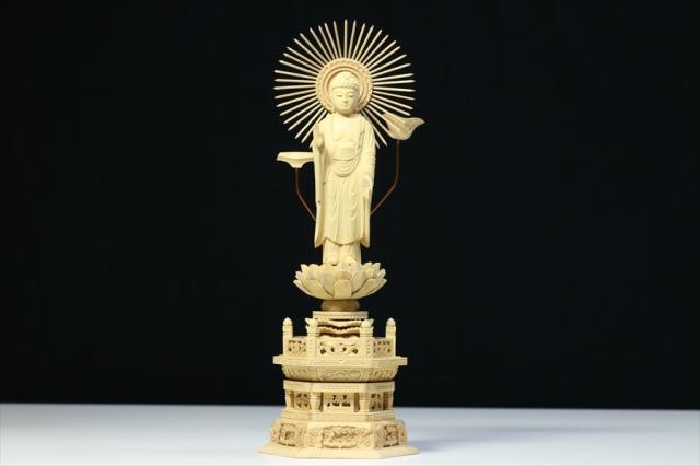仏像 ■ 3.5寸 ■ 阿弥陀如来立像 六角台座 総柘植 浄土真宗 大谷派 ご本尊 ■ 仏具 （高さ28.4cm×幅10.2cm×奥行き7.6cm）