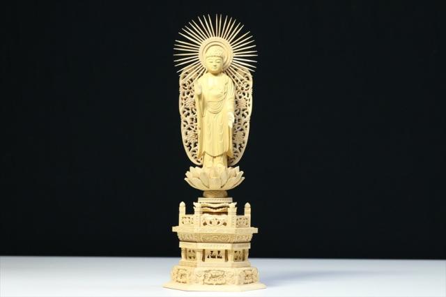 仏像 ■ 3.5寸 ■ 阿弥陀如来立像 六角台座 総柘植 浄土真宗 高田派 ご本尊 ■ 仏具 （高さ27.5cm×幅10.2cm×奥行き7.6cm）