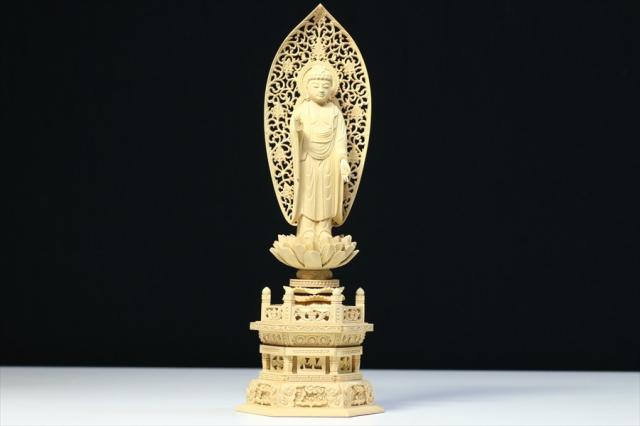 仏像 ■ 4寸 ■ 阿弥陀如来立像 六角台座 総柘植 時宗 ご本尊 ■ 仏具 （高さ31.0cm×幅11.6cm×奥行き8.4cm）_1