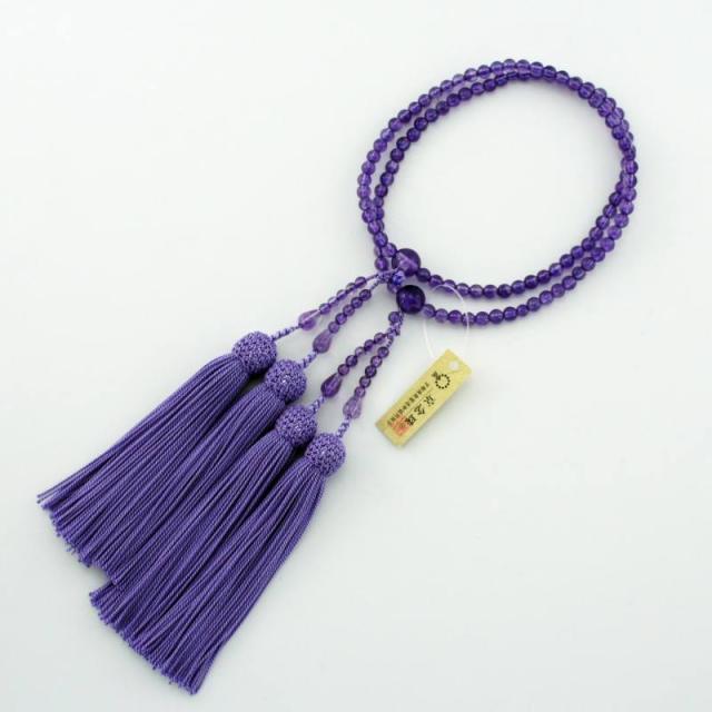 【送料無料】【京念珠正規品タグ付】【京ふさ正規品ＩＤ付】【数珠袋付】【ローズアメジスト】【女性用】8寸二連【数珠】【念珠】【本式数珠】