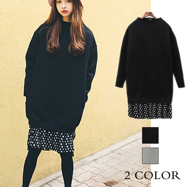 送料無料ワンピース スウェットワンピース パーカ パーカー 無地 切り替え フェイクレイヤード ドット柄裾 プルオーバー 膝丈の通販はau Pay マーケット 吉成商店