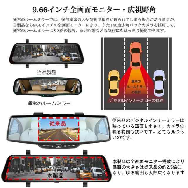 ミラー型ドライブレコーダー 9.66インチ 前後カメラ搭載 前後同時録画/駐車監視機能 1080P 32GB/microSDHCカード付  バックカメラ付きの通販はau PAY マーケット - e-auto fun. au PAY マーケット店