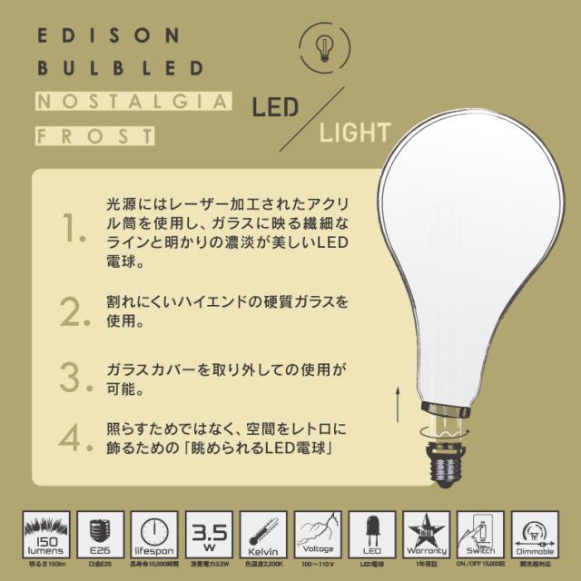 【5個セット】調光器対応 E26ノスタルジアBIGノーマルフロスト ノスタルジアBIGグローブフロスト エジソンバルブLED エジソン電球 LED フロストガラス 艶消し すりガラス 3.5W 大きい ボール球 ボール型 ビッグ ラージ A形電球 眩しくない 暗め 間接照明 おしゃれ リラックス