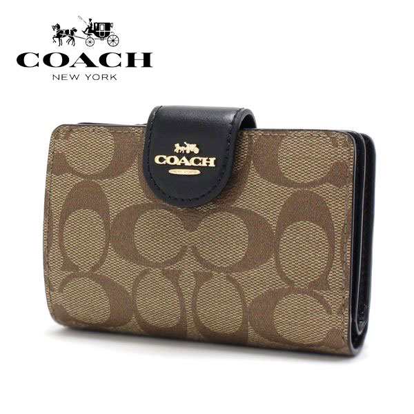 オータムセール ギフトラッピング無料 コーチ 二つ折り財布 レディース COACH Wallet シグネチャー カーキ ブラック C0082 IMCBI 送料無