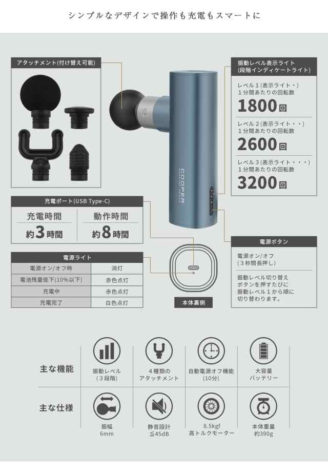 マッサージガン 軽量 筋膜リリース ミニ ハンディマッサージャー【takumu】3段階振動調整 usb 充電式 ハンディガン 電動マッサージ  マッ｜au PAY マーケット